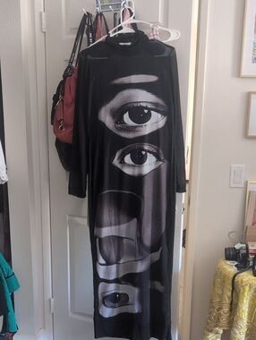 JW Pei Black Graphic Eye Medh Long Sleeve Maxi Dress